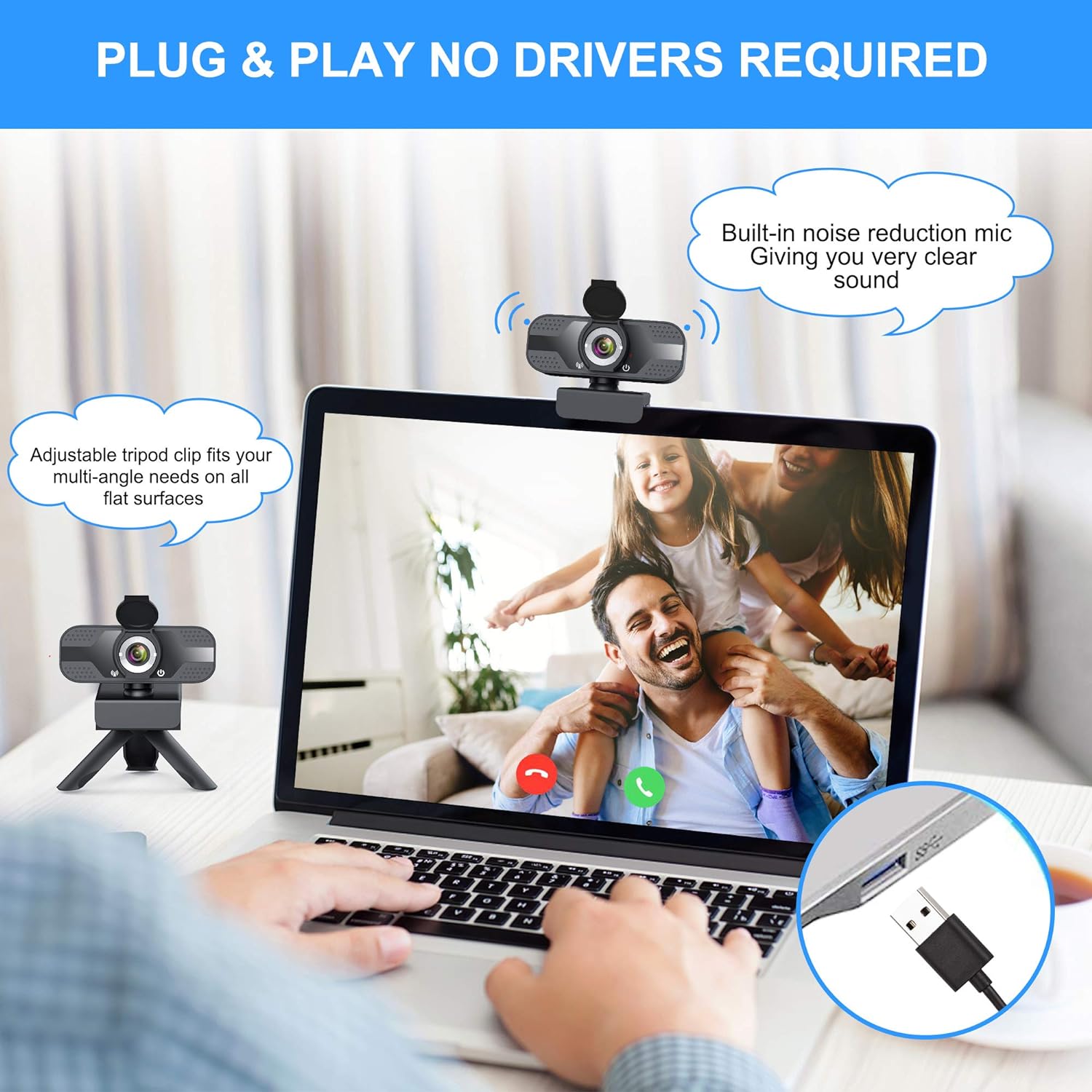 Webcam with Microphone for Desktop, 1080P HD USB Computer Cameras with Privacy Cover&Webcam Tripod, Streaming Webcam with Flexible Rotatable Wide Angle Webcam for PC Zoom Video/Gaming/Laptop/Skype