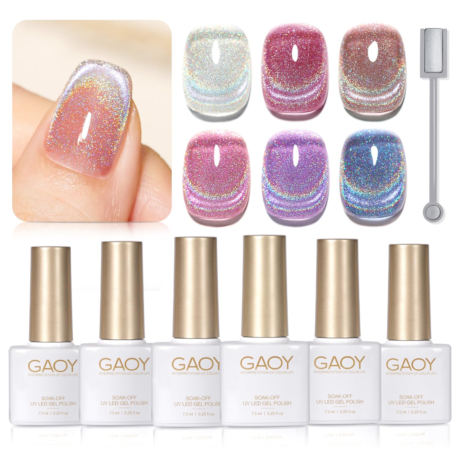 GAOY Rainbow Glitter Cat Eye Gel Nail Polish Set, 6 Holographic Sparkle Colors Gel Nail Kit for Nail Art DIY Manicure and Pedicure at Home