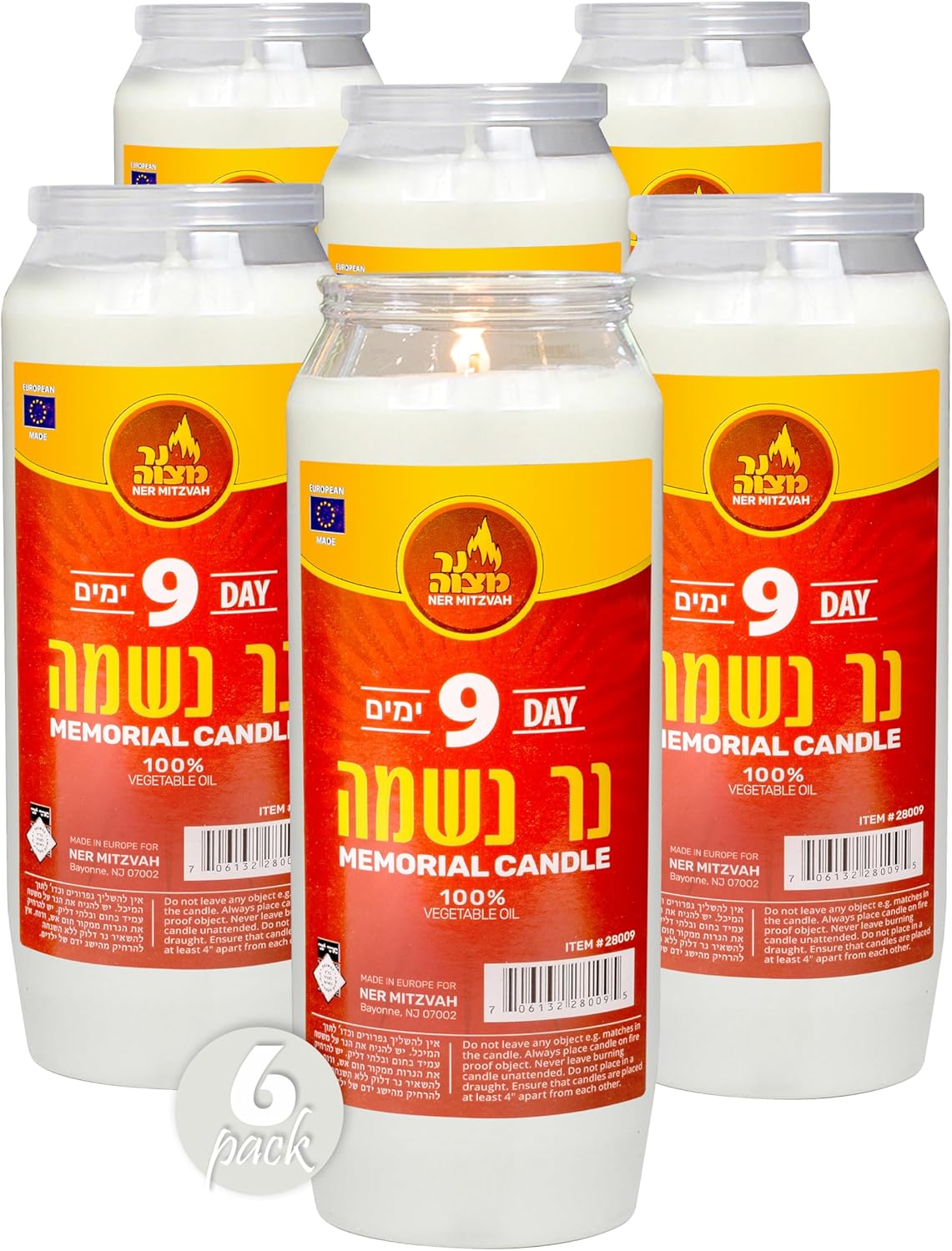 Ner Mitzvah 9 Day Yartzeit Candle - 6 Pack Kosher Yahrtzeit Memorial and Yom Kippur Candle in Plastic Holder