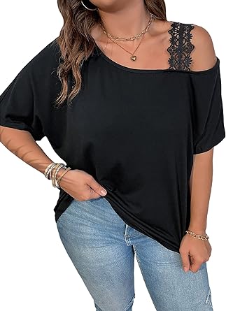 SOLY HUX Women's Plus Size Cold Shoulder Contrast Lace Short Sleeve Tee T Shirt Summer Tops