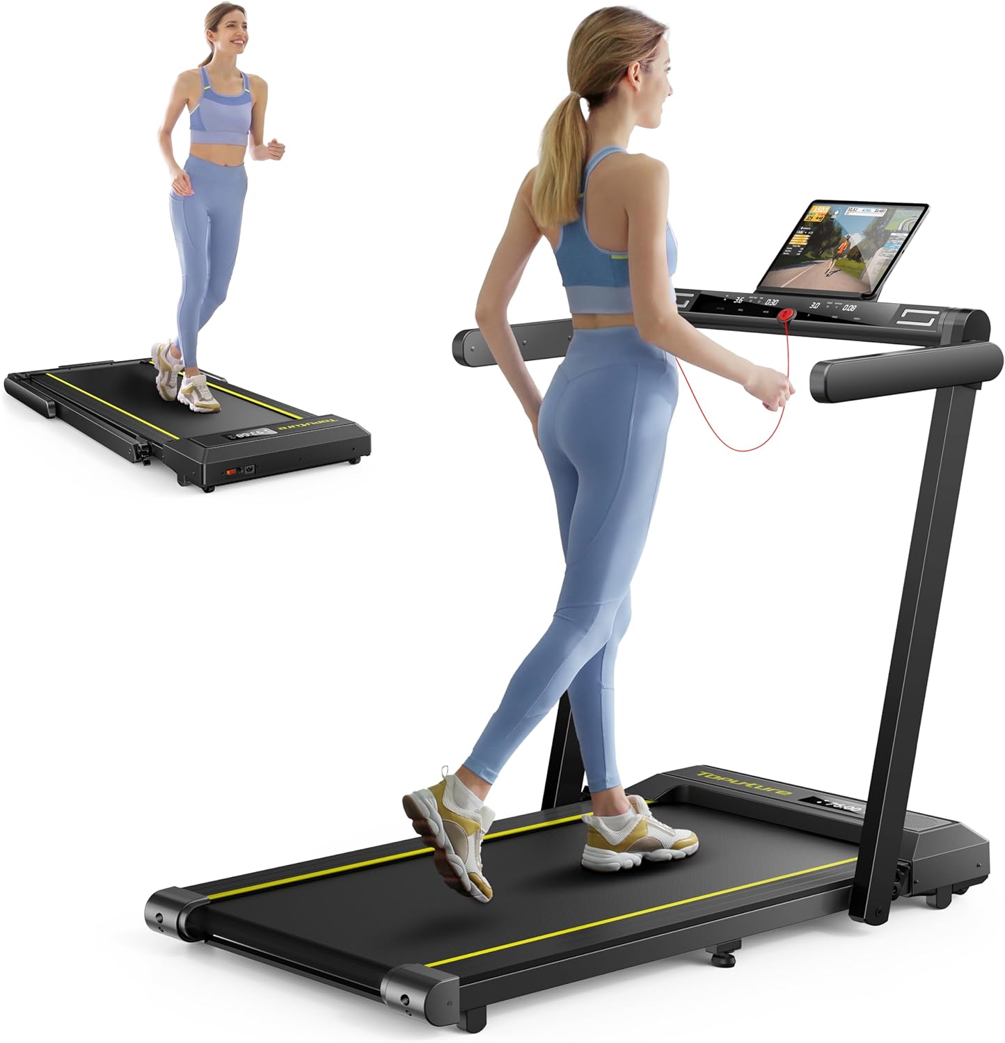 2 in 1 Folding Treadmill, 2.5HP Under Desk Treadmill Portable Walking Pad Treadmills for Home Office with Dual LED Display, Large Running Area, App & Bluetooth Speaker, 0.6-10MPH