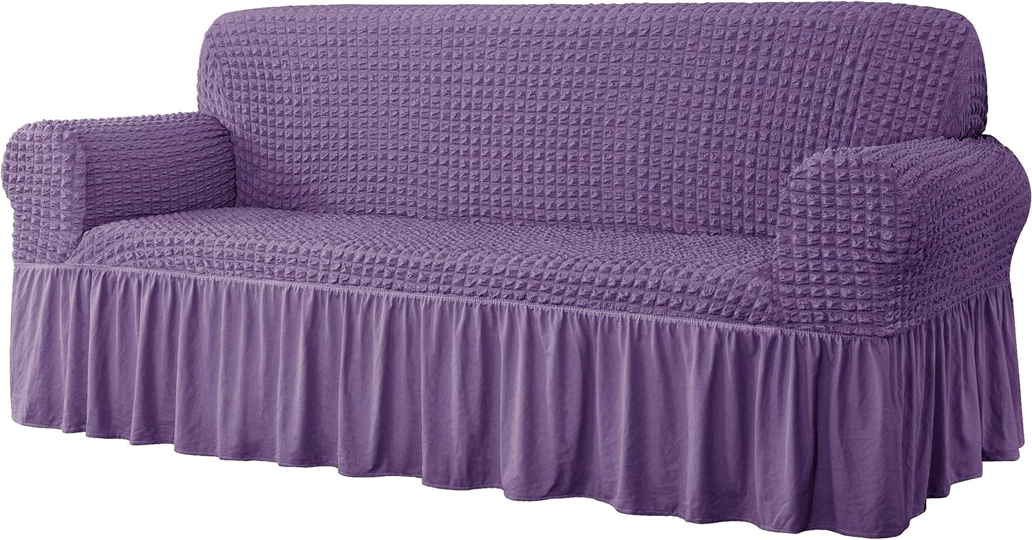 CHUN YI Universal Sofa Slipcover with Skirt 1 Piece Fitted Couch Cover for 4 Seaters, Washable High Elastic Durable Seersucker Fabric with Skirt Country Style (4 Seater,Purple)