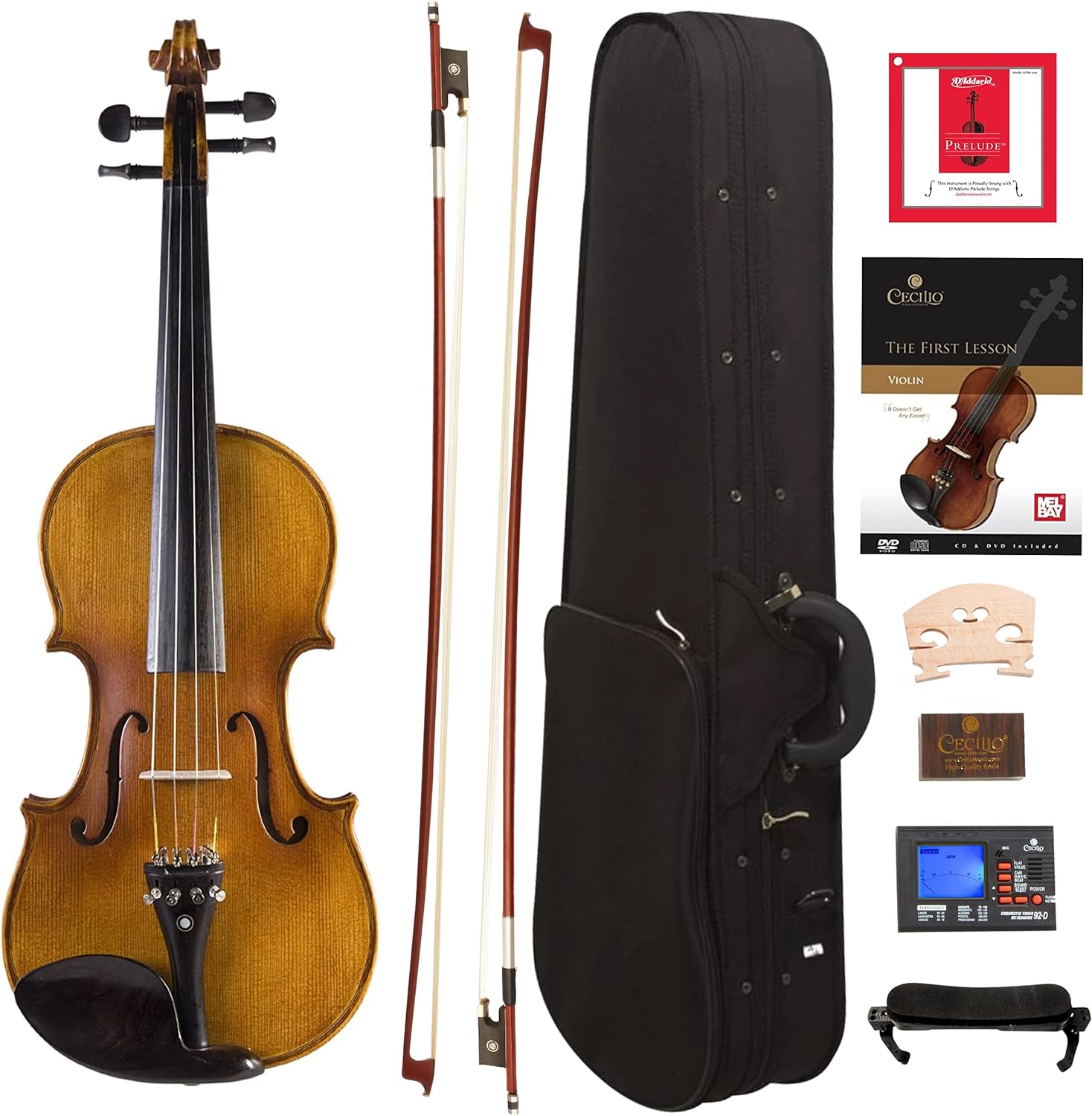 Cecilio CVN-500 Solidwood Ebony Fitted Violin with D&#39;Addario Prelude Strings, Size 4/4 (Full Size)