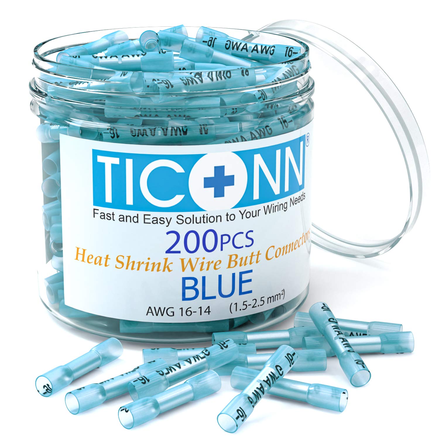 TICONN Blue 200PCS Heat Shrink Butt Wire Connector Kit, Insulated Waterproof Electrical Marine Automotive Wire Crimp Terminals Butt Splice (Blue200PCS)