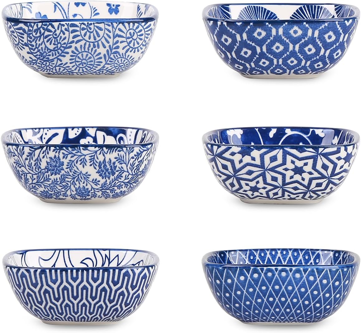 Selamica Ceramic 2.6 OZ Square Dipping Bowl Set, Soy Sauce Dish 3 inch Small Bowls for Ketchup Condiments Side Dish BBQ, Ramekins Oven safe, Stackable, Set of 6, Vintage Blue