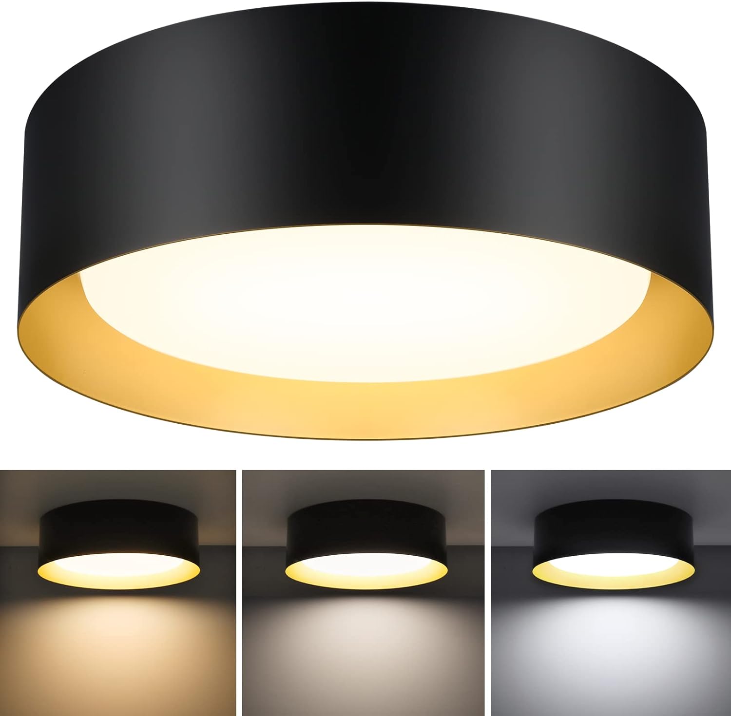 BrightHome LED Flush Mount Ceiling Light Fixture, 13in 25W(250W Equiv) 2400LM, 3 Colors 3000K 4000K 5000K, Dimmable Black and Gold Modern Flush Mount Light Fixture for Bedroom Bathroom Hallway