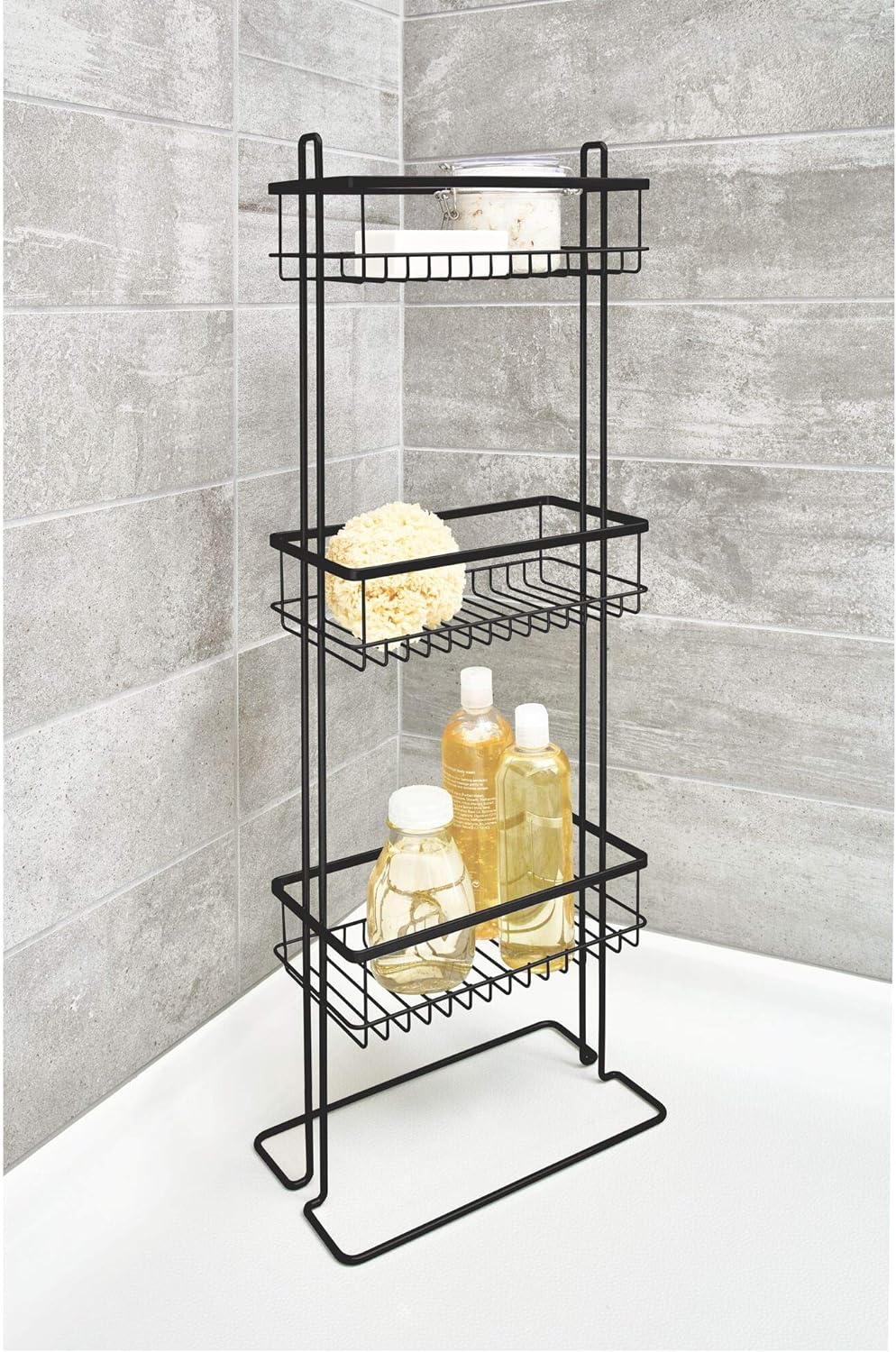 iDesign Everett Metal Standing Shower Caddy, 3-Tier Bath Shelf Baskets for Towels, Soap, Shampoo, Lotion, Accessories, 12.36 x 6.88 x 32.11, Matte Black