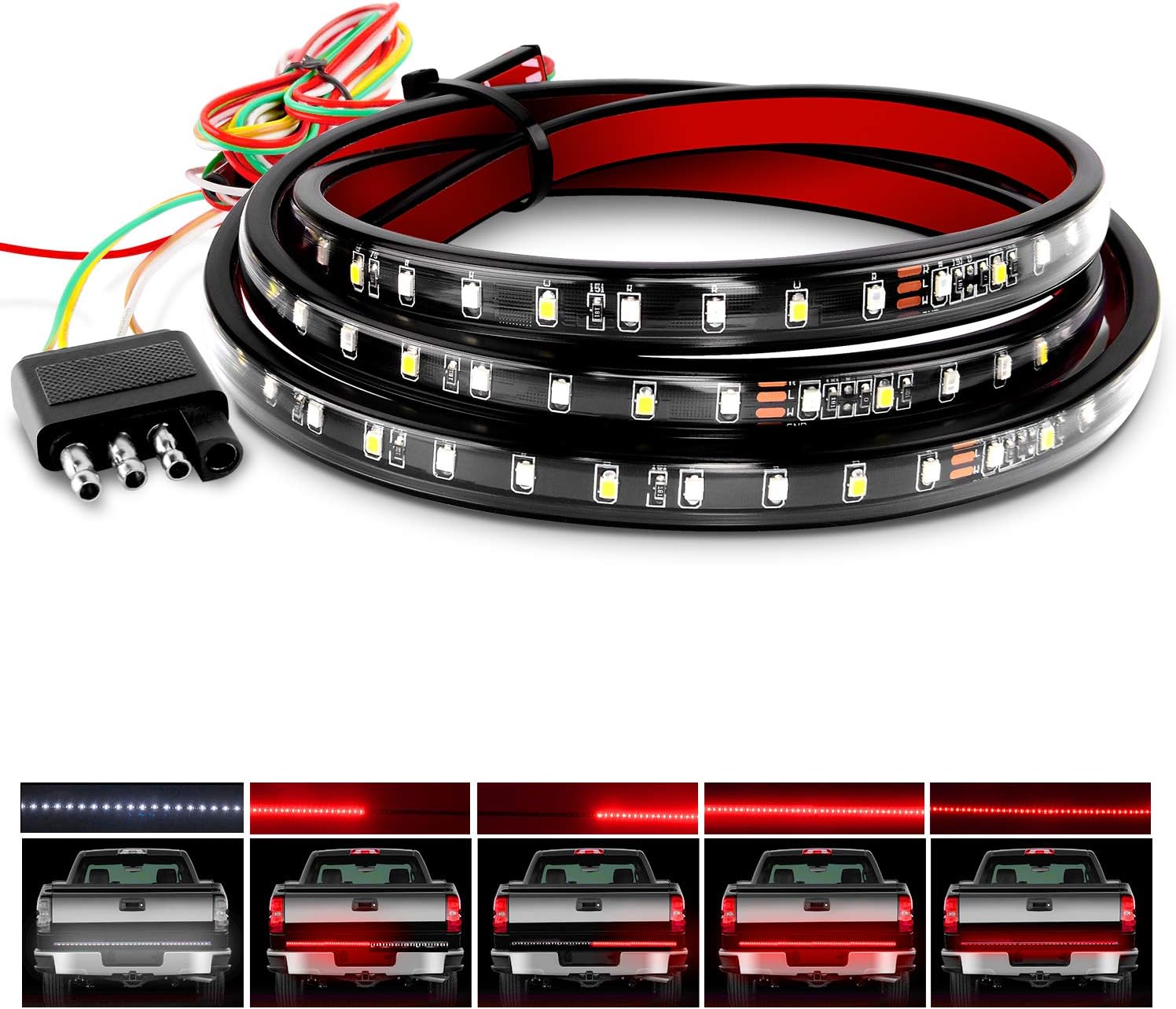 Nilight 60 Truck Tailgate Light Bar 108 LED Single Row Light Strip with Red Running Brake Lights Turn Signal White Reverse Light, 2 Years Warranty