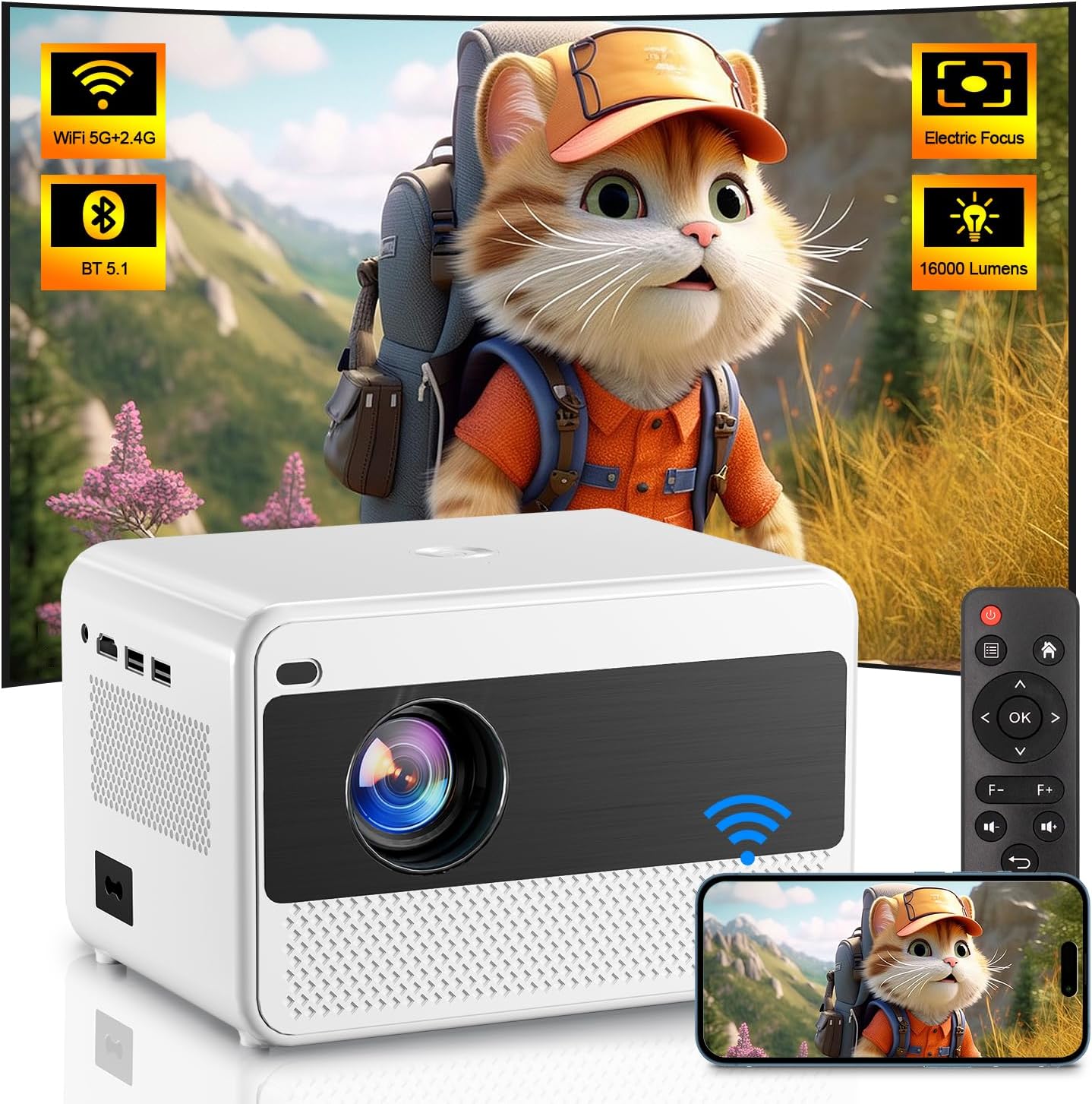 Projector with WiFi and Bluetooth, 16000 Lumen Indoor Outdoor Portable Projector, Native 1080P Video Movie Projector Compatible with iOS & Android Phone HD/USB/TV Stick/PS5/Laptop