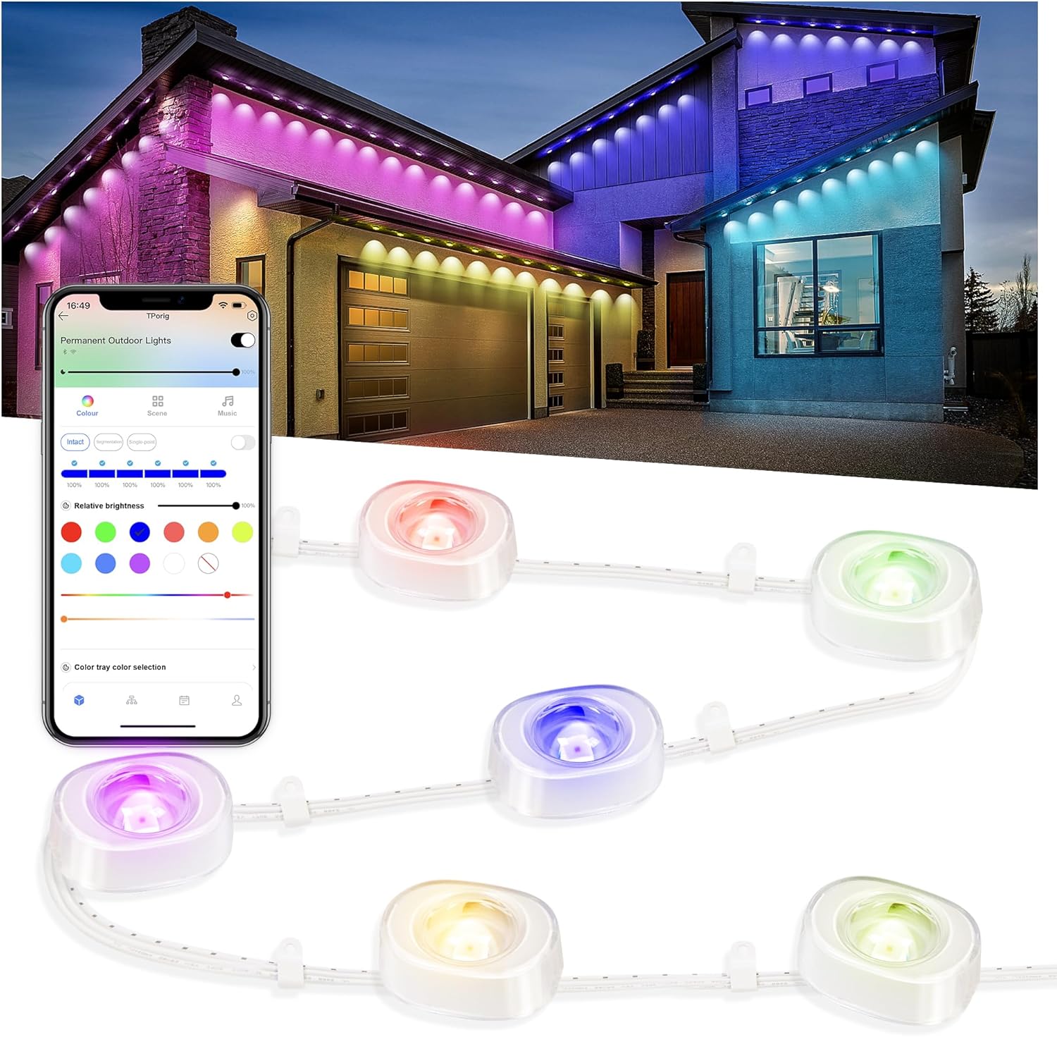 Permanent Outdoor Lights for House, 100ft Smart RGBIC Outside Lights with 72 Scene Modes, IP67 Waterproof Eaves Lights for Christmas All Holiday Decorations, Work with Alexa, Google Assistant