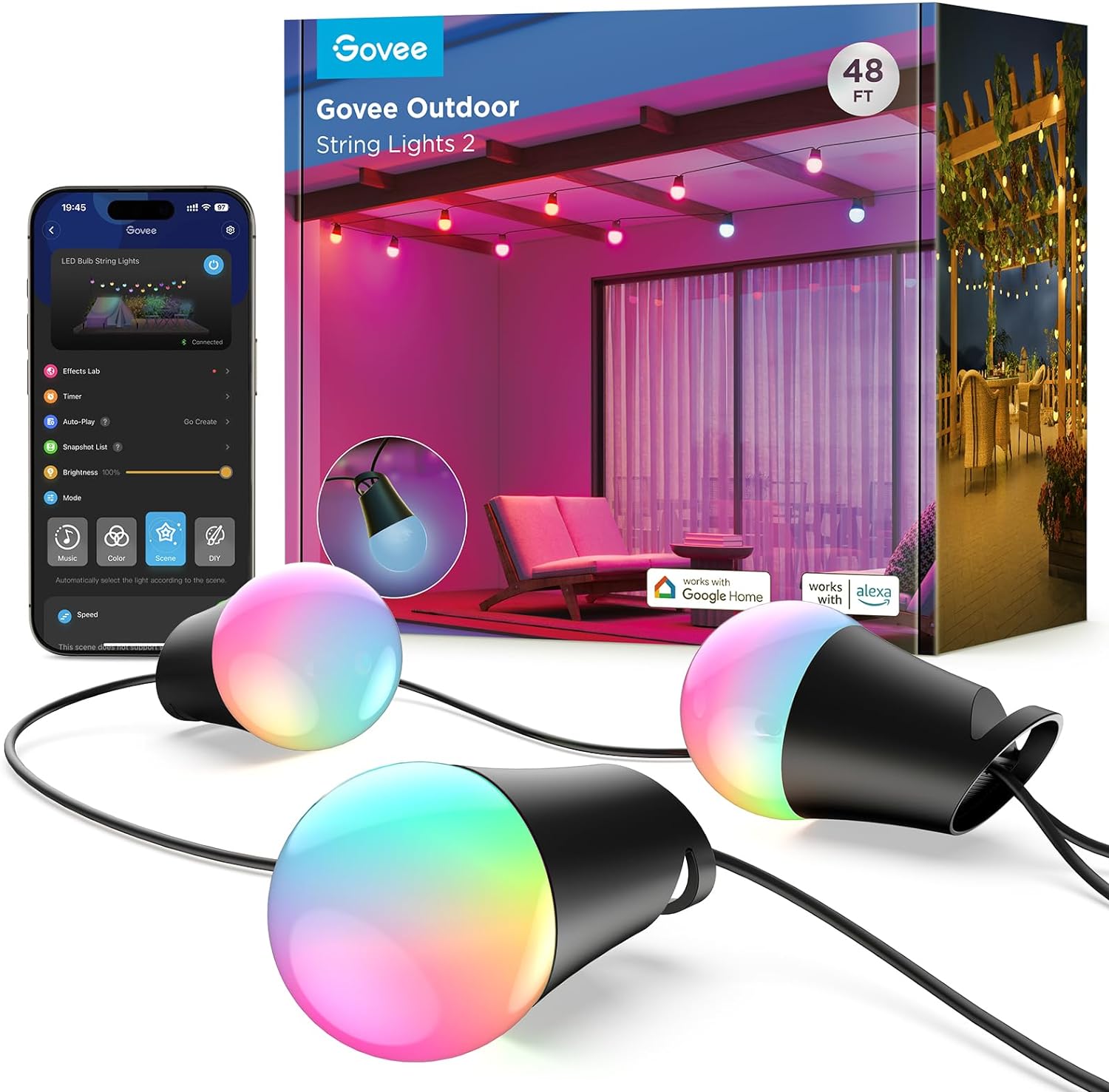 Govee Smart Outdoor String Lights 2, 48ft RGBIC Outdoor Lights with Dimmable Warm White LED Bulbs, 47 Scene Modes for Patio, Backyard, IP65 Waterproof, Works with Alexa, App Control