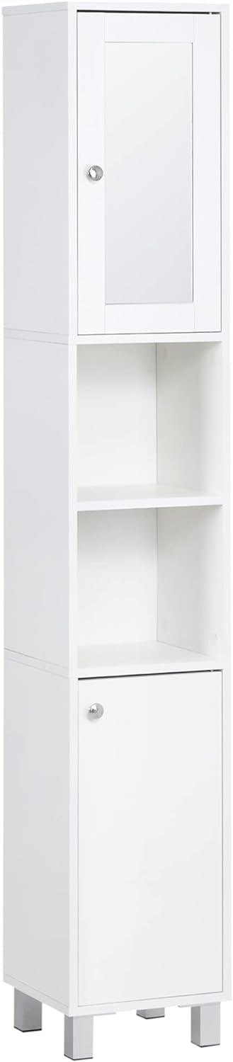 kleankin Tall Bathroom Storage Cabinet with Mirror, Wooden Freestanding Tower Cabinet with Adjustable Shelves for Bathroom or Living Room, White