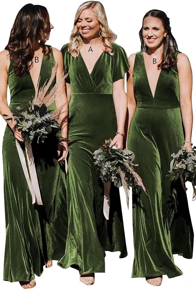 Ruffle Sleeve Velvet Bridesmaid Dresses Long for Wedding V Neck Wrap Formal Evening Gowns