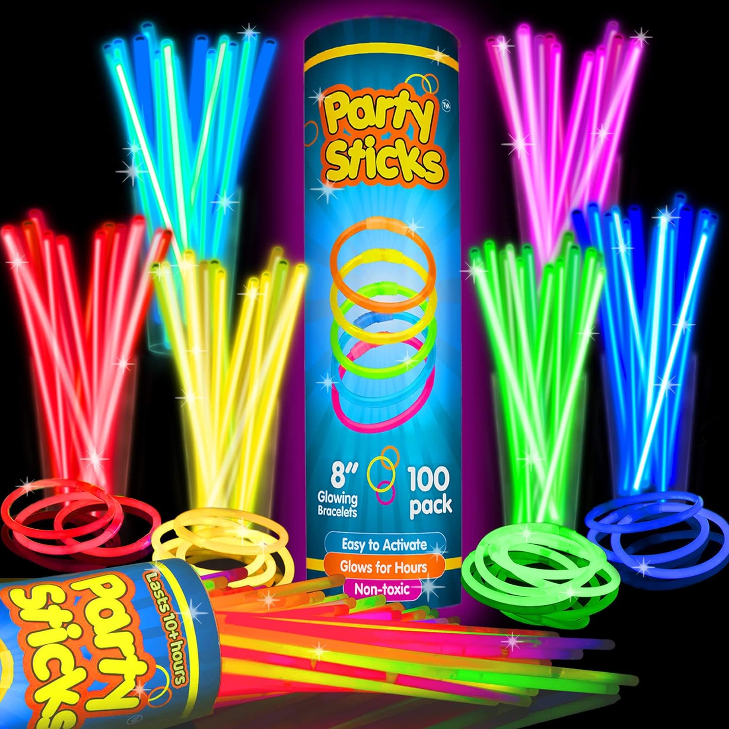 Glow Sticks Bulk Party Favors 100pk - 8 Glow in the Dark Party Supplies, Light Sticks for Neon Party Glow Necklaces and Bracelets for Kids or Adults