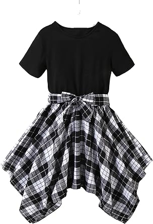 SOLY HUX Girl's Two Piece Outfit Short Sleeve Crew Neck T Shirt with Plaid Print Belted A Line Mini Skirt
