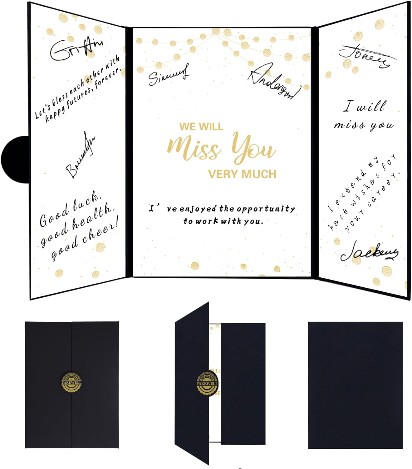 Holkcog Farewell Guest Book Alternative Farewell Gifts for Colleagues and Friends Black and Gold We'll Miss You Signature Board Happy Retirement Party Decorations Guest Book Farewell Cards for Women