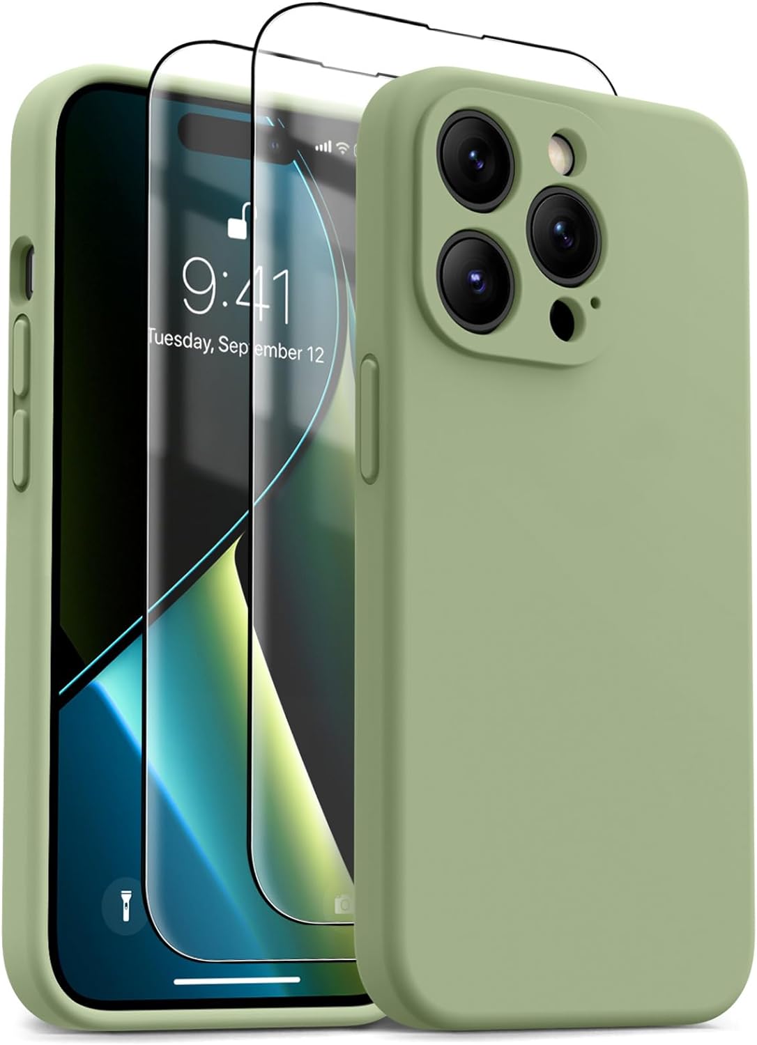 OTOFLY for iPhone 14 Pro Case, Upgraded Silicone 14 Pro Phone Case [2 Pack Screen Protectors][Camera Protection] Shockproof Women Men Girl Protective Case Cover for iPhone 14 Pro 6.1 - Tea Green