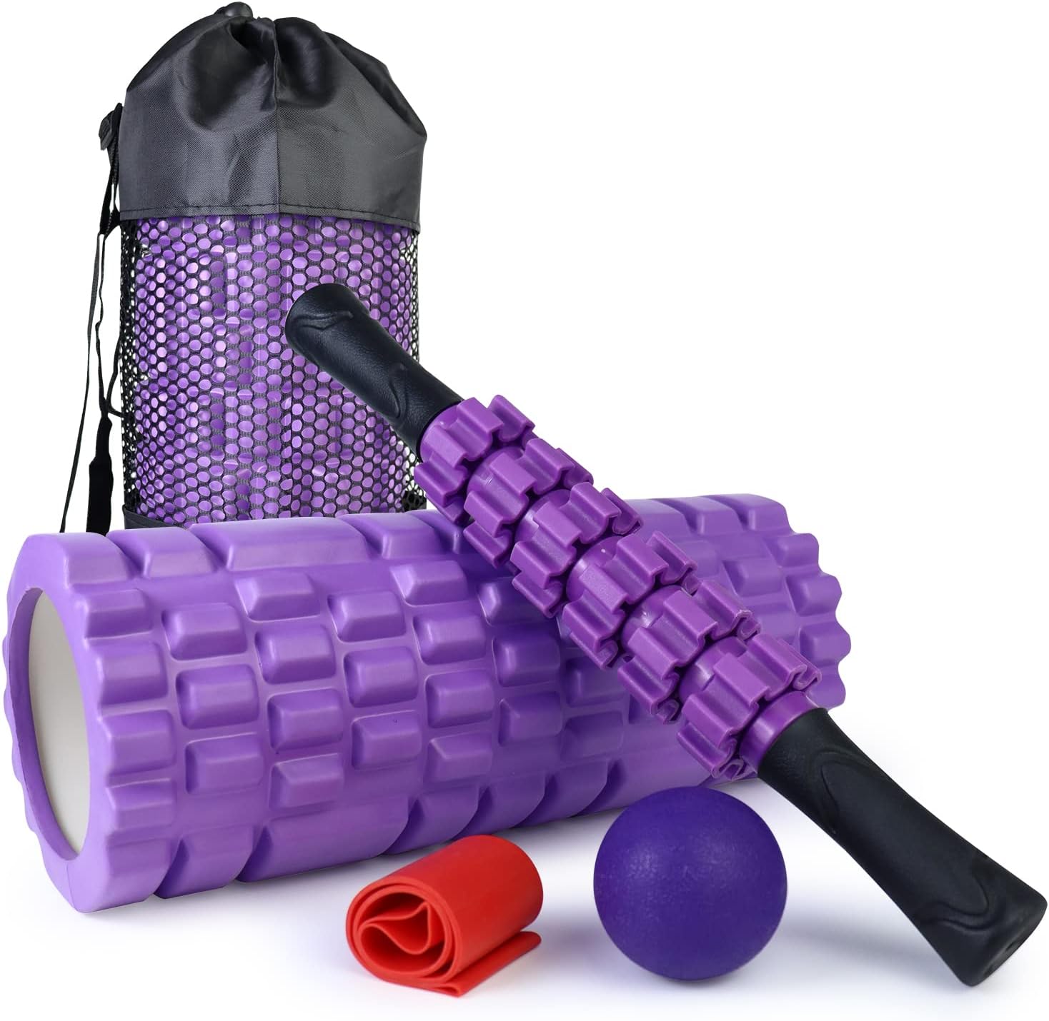 5 in 1 Foam Roller Set Trigger Point Foam Roller Patented, Massage Roller Stick, Massage Ball, Stretching Strap for Deep Muscle Massage Pilates Yoga, Fitness Exercise for Whole Body (Purple)