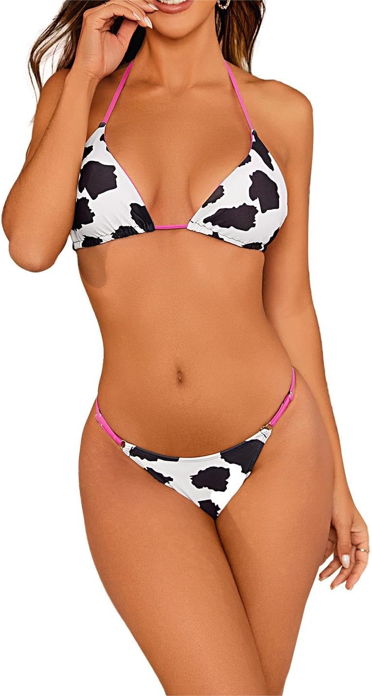 WDIRARA Women' 2 Piece Swimsuit Set Cow Print Halter Triangle Swimwear Bikini Set