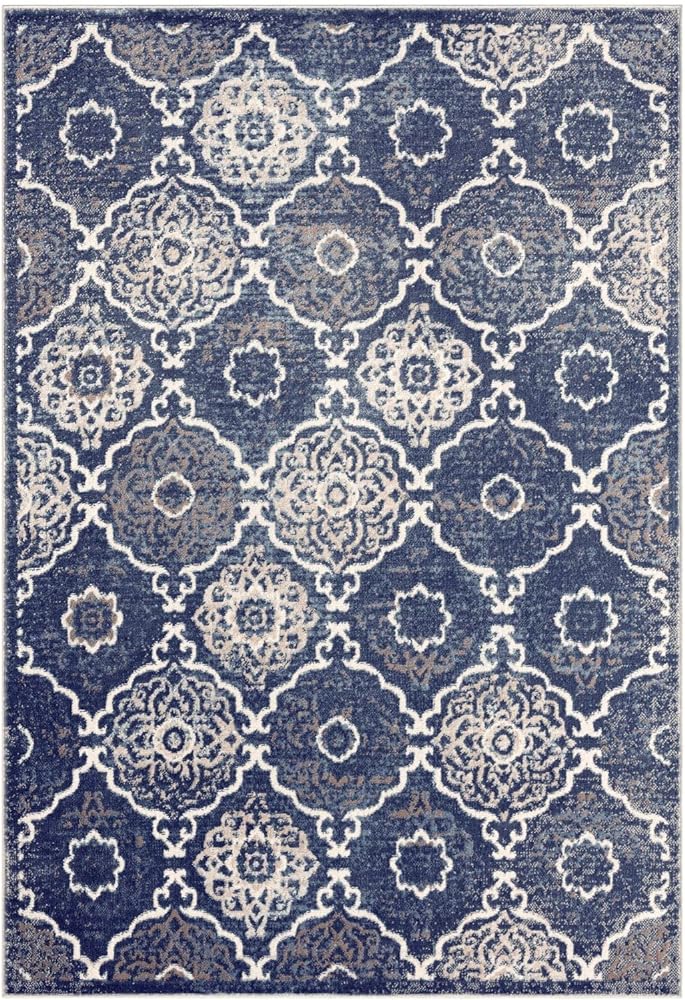 Home Dynamix Boho Andorra Transitional Damask Area Rug, Navy Blue/Ivory, 6'6"x9'2"