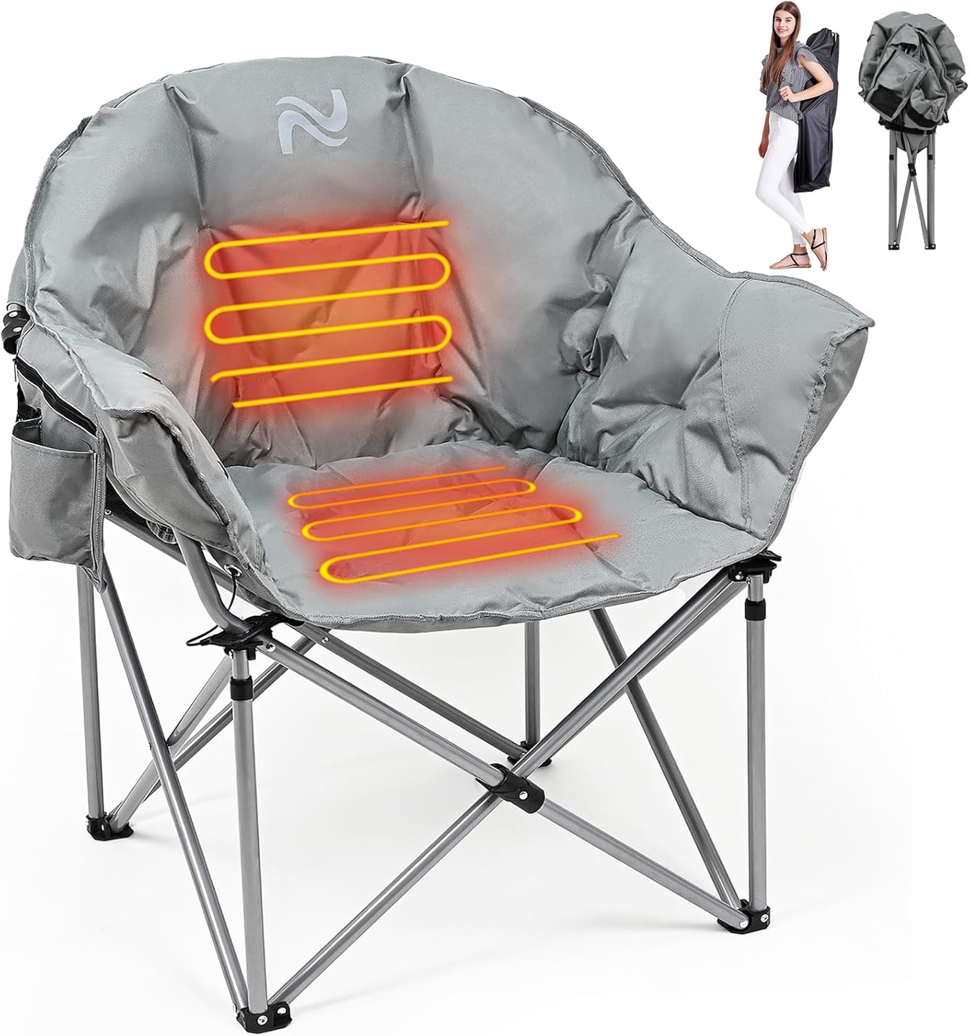 LILYPELLE Oversized Heated Camping Chair, Patio Lounge Chairs with 3 Heat Levels, Portable Folding Heated Chair Round Moon Saucer Folding Lawn Chair Outdoor Chair for Camping, Lounge Patio