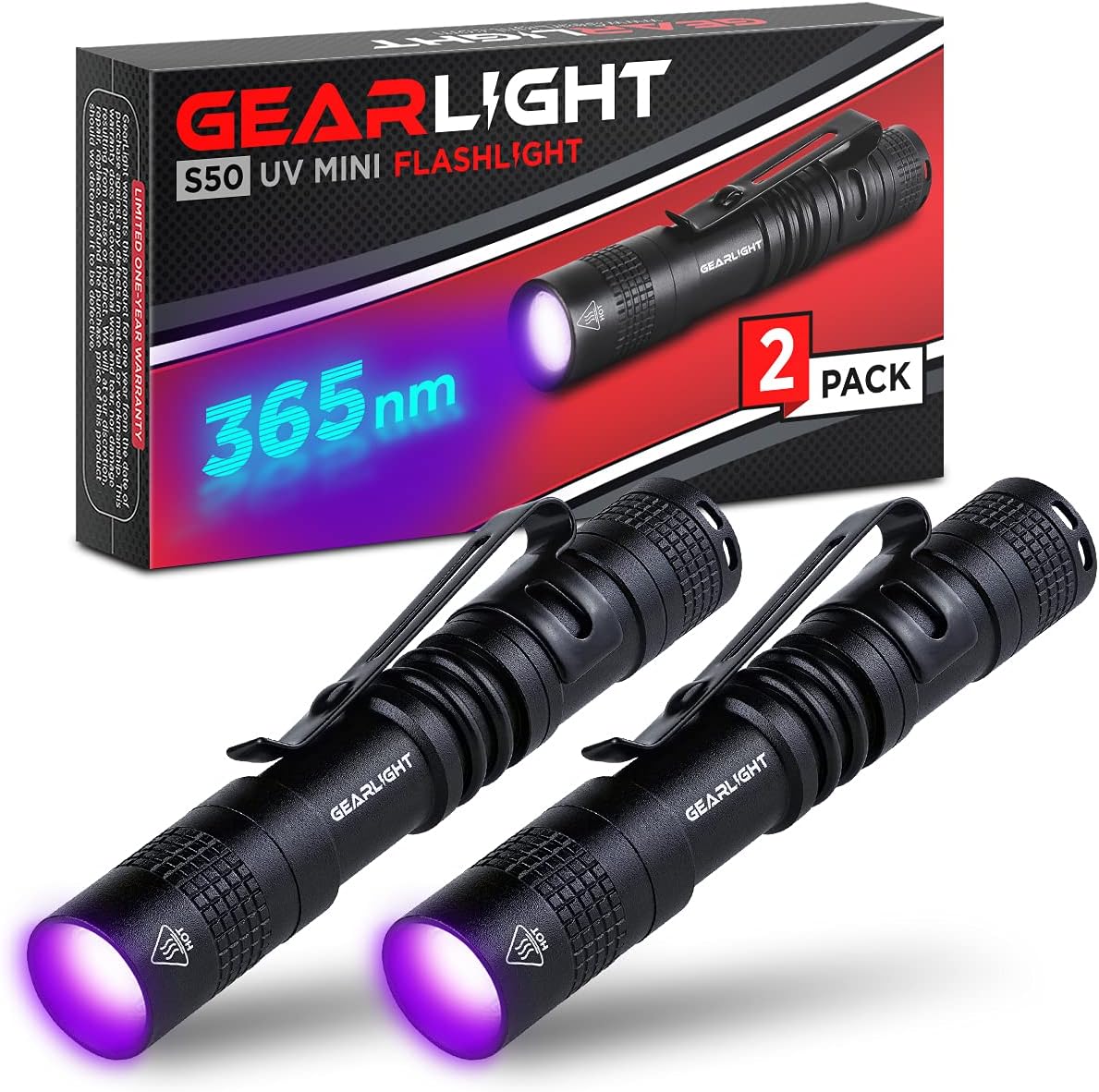 GearLight Black Light UV Flashlight S50 [2 Pack] - 365 nm Mini Blacklight Ultraviolet Pen Flashlights for ID Check, Leak AC Detection, Resin Curing - Pet Urine, Scorpion, Stain Handheld Detector