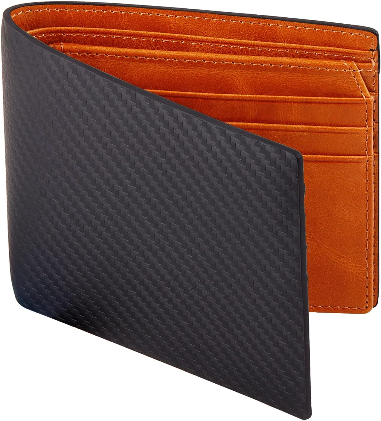 VISOUL Mens Carbon Fiber Leather Wallets Bifold with RFID Blocking, Designer Leather Wallets with 1 ID window for Men (Black Orange)