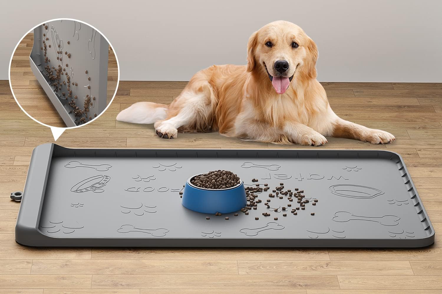 Dog Food Mat - Silicone Dog Mat for Food and Water - 36 x 24 Large Pet Feeding Mats with Residue Collection Pocket - Waterproof Dog Cat Bowl Mat with High Edges to Prevent Water Food Spills (Gray)