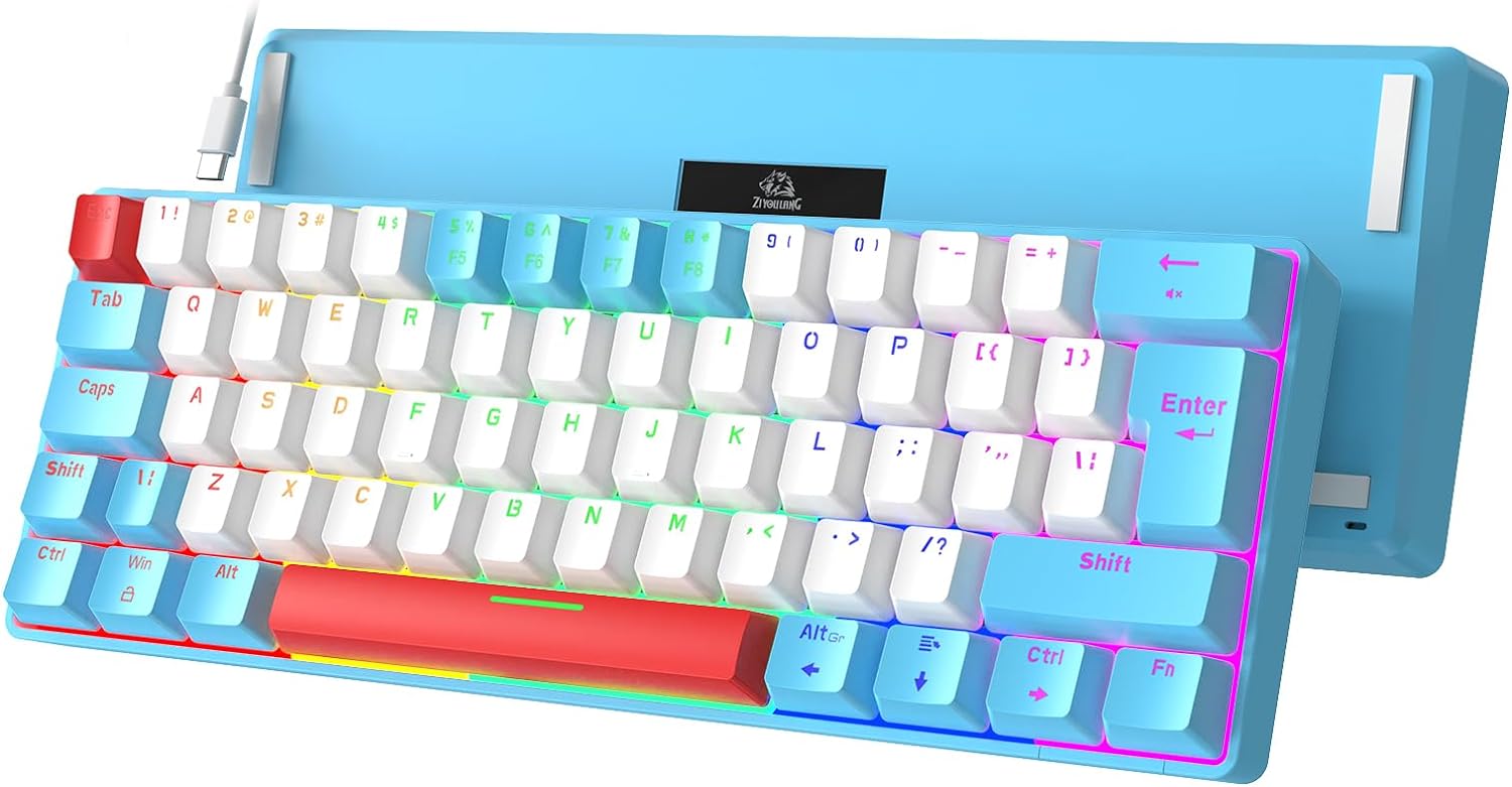 ZIYOU LANG T60 Wired 60% TKL Mechanical Gaming Keyboard with Led Rainbow Backlight Ultra-Compact NKRO Tactile Linear Red Switch Tri-Color ABS Keycap for Windows Laptop PC Mac Gamer(Blue/White)