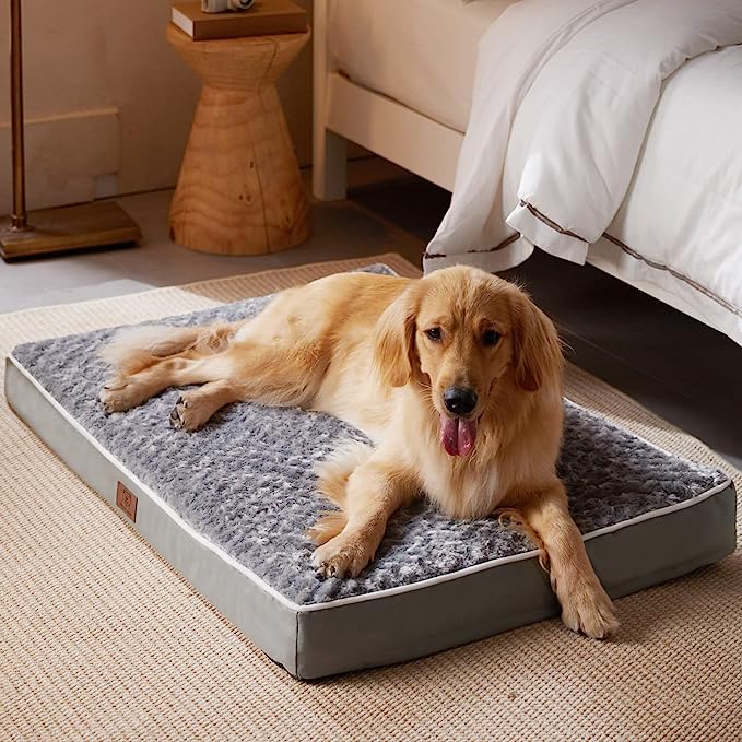 WNPETHOME Orthopedic Large Dog Bed, Dog Bed for Large Dogs with Egg Foam Crate Pet Bed with Soft Rose Plush Waterproof Dog Bed Cover Washable Removable (Extra Large Dog Bed 47 x 29 x 4 inch, Grey)