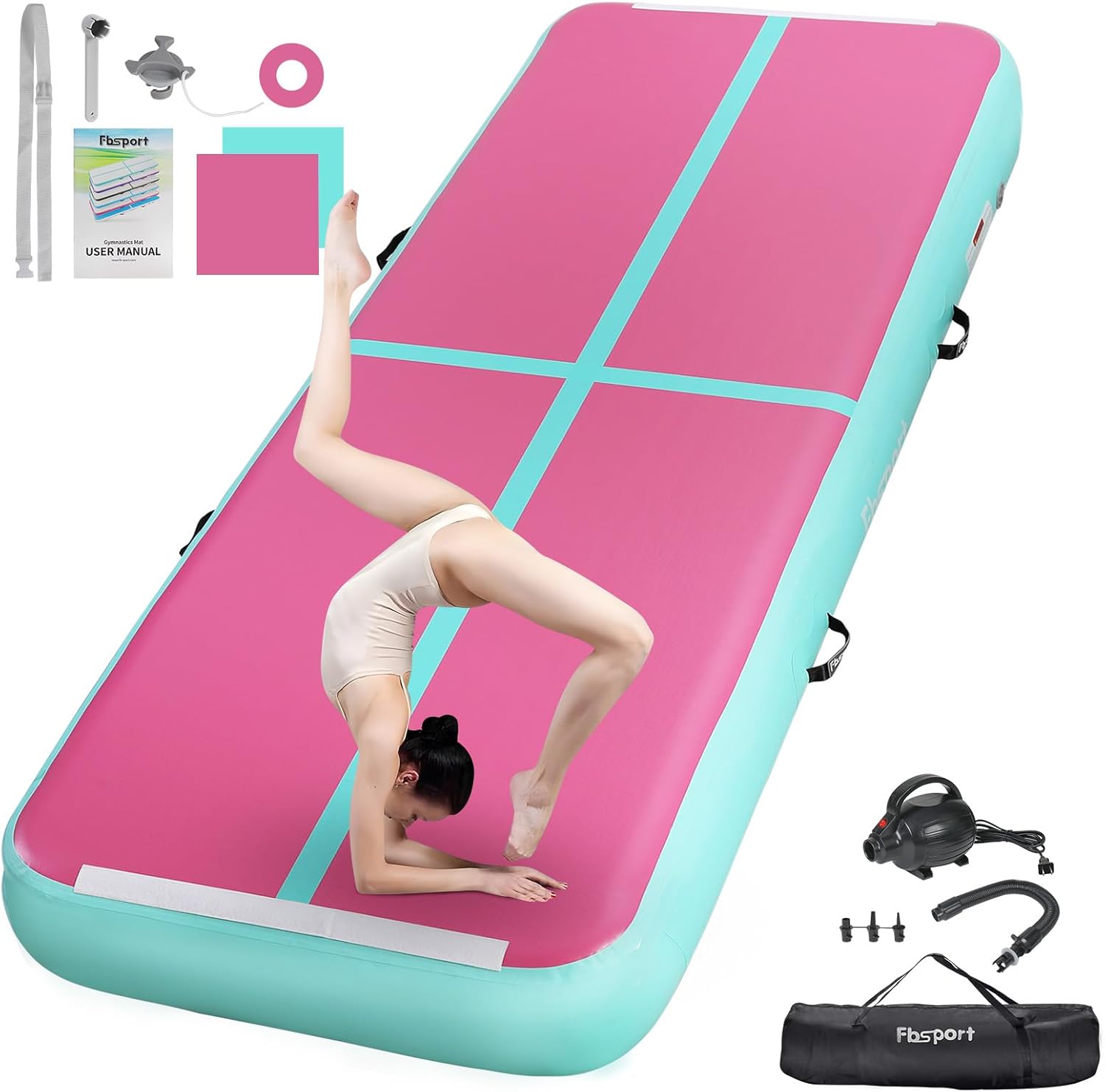 FBSPORT Inflatable Air Gymnastics Mat Training Mats 4/8 inches Thickness Gymnastics Tracks for Home Use/Training/Cheerleading/Yoga/Water with Pump