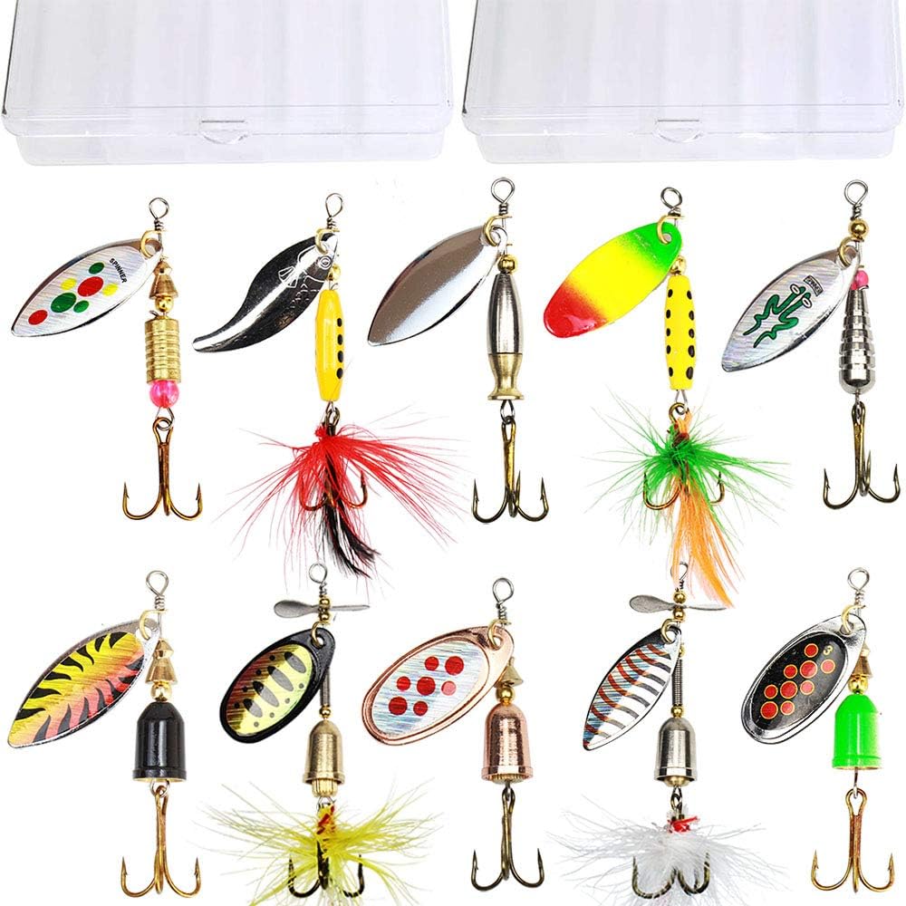 10pcs Fishing Lure Spinnerbait, Bass Trout Salmon Hard Metal Spinner Baits Kit with 2 Tackle Boxes by Tbuymax