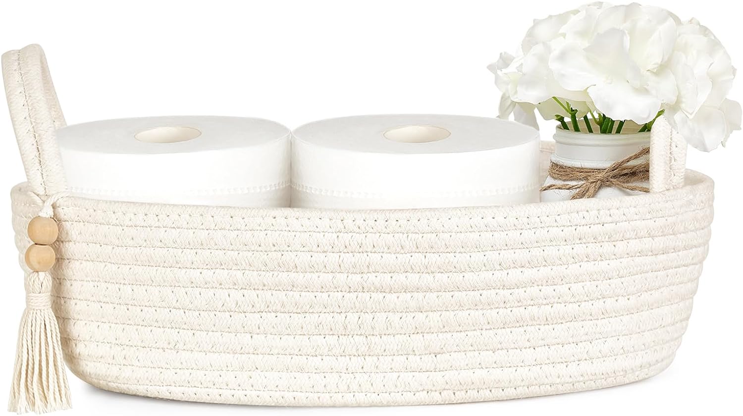 Mkono Small Storage Basket for Toilet Tank Top Boho Bathroom Decor Woven Rope Toilet Paper Tray Back of Toilet Organizer for Shelf Bedroom Living Room, White, 1 Pack, 13 L x 6 W