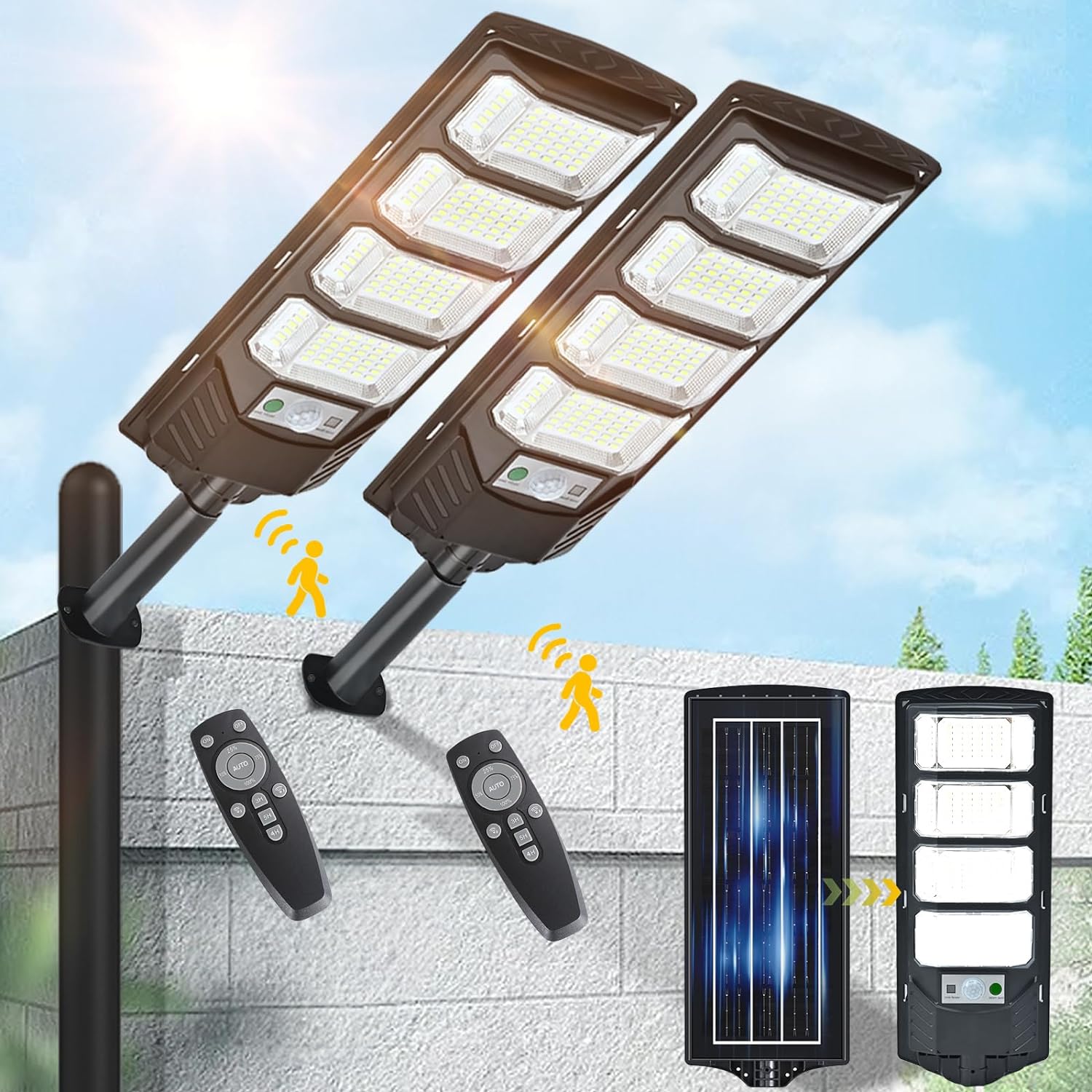 2 Pack Solar Street Lights Outdoor Waterproof 6500K 12000LM 5730SMD LEDs Solar Flood Lights Dusk to Dawn Solar Parking Lot Light Wide Motion Sensor and Remote Control for Area Lighting Yard