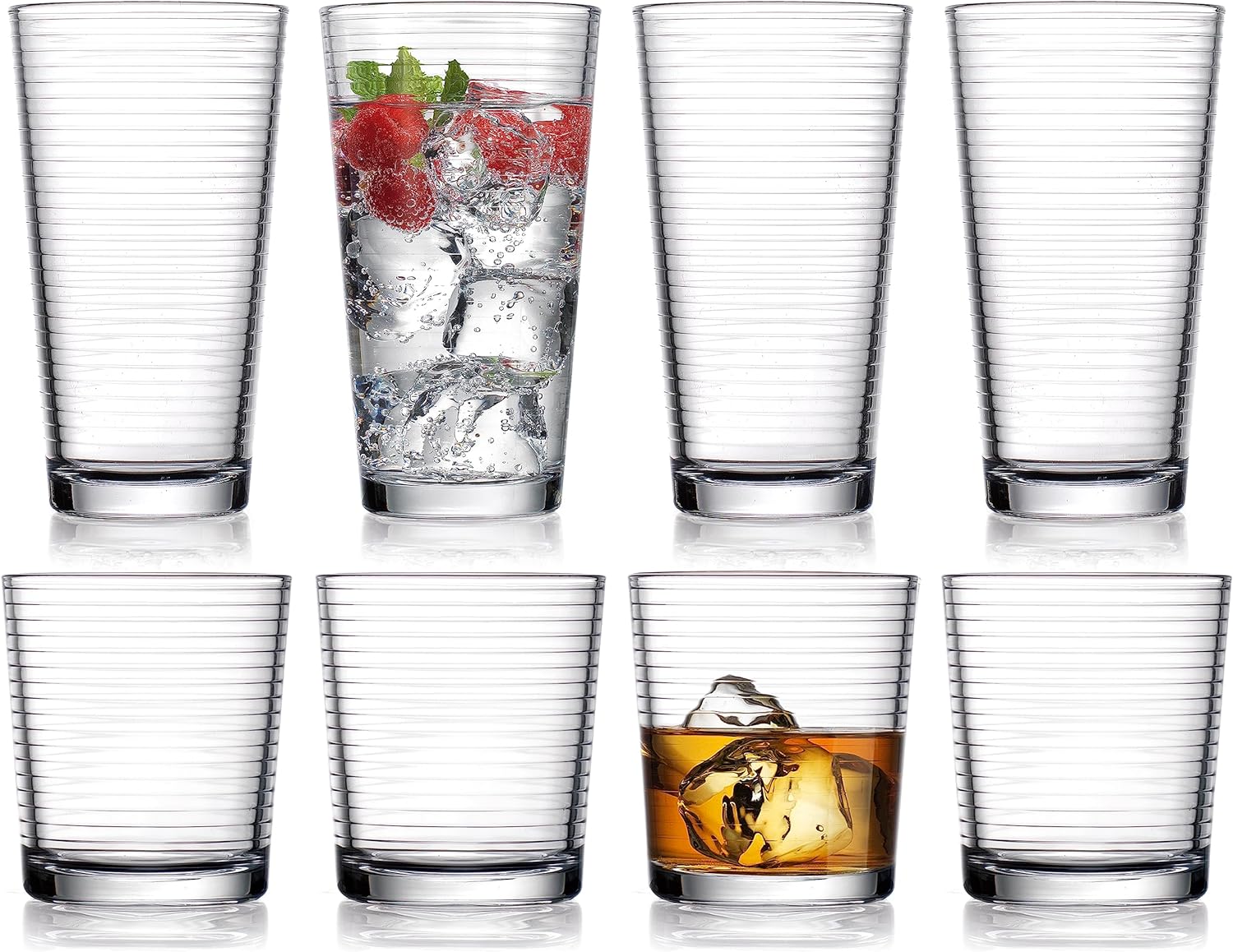 Drinking Glasses - Set of 8 Glass Cups, 4 Highball Glasses (17oz) 4 Rocks Glasses (13oz) Ribbed Glasses for Mixed Drinks, Water, Juice, beer, Wine, Excellent Gift!