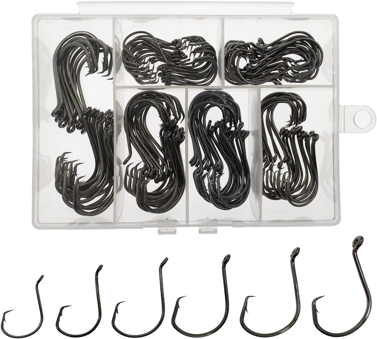 Circle Hooks Saltwater, 160PCS/150PCS Fishing Hooks Saltwater, 6 Sizes Fish Hooks, Catfish Hooks Octopus Hooks, 2#1 1/0 2/0 3/0 4/0 5/0 6/0, Black High Carbon Steel with Portable Plastic Box