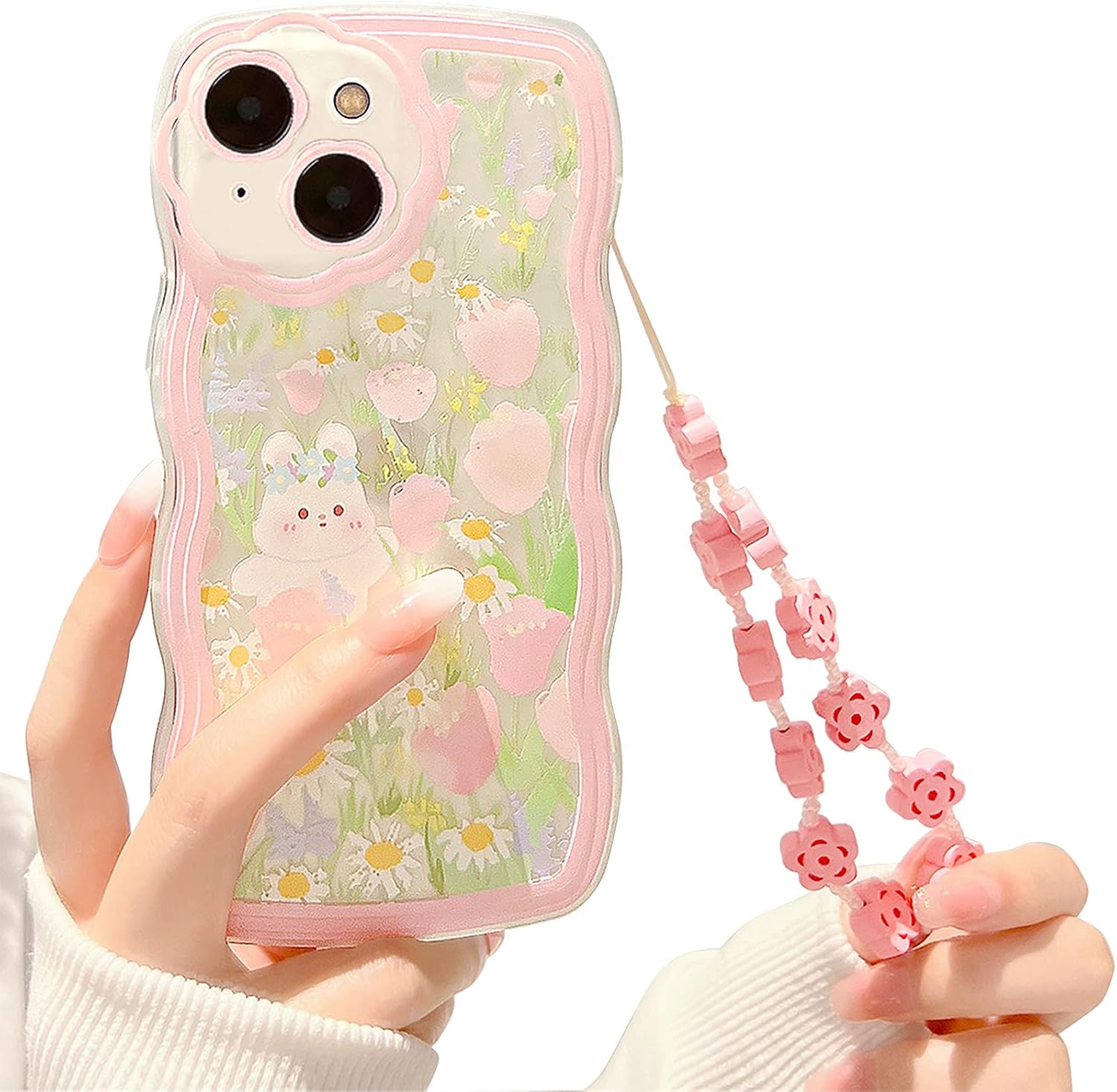 NITITOP Compatible for iPhone 13 Case, Cute Clear Cartoon Floral Rabbit with Heart Beaded Lanyard Wrist Strap for Women Girly, Soft TPU Full Protective Cover- Flower Rabbit