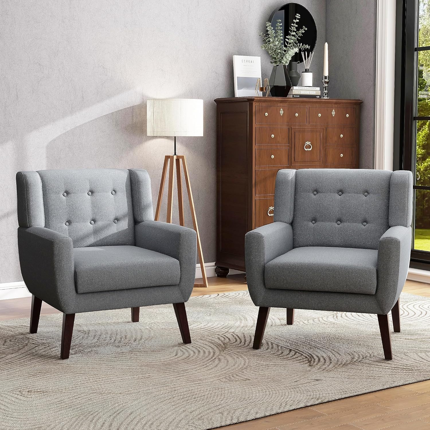 UIXE Modern Accent Chairs Set of 2, Living Room Arm Chair Button Tufted Armchair w/Wood Legs, Comfy Mid Century Upholstered Club Sofa Reading Seat Bedroom Side Seating for Home Office (Grey)