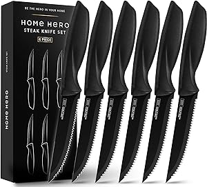 Home Hero 6 Pcs Steak Knives, Razor-Sharp Steak Knives Set of 6, High-Carbon Stainless Steel Steak Knife Set, Ergonomic Handles Serrated Steak Knives for Precise Cutting (6 Pcs - Black)