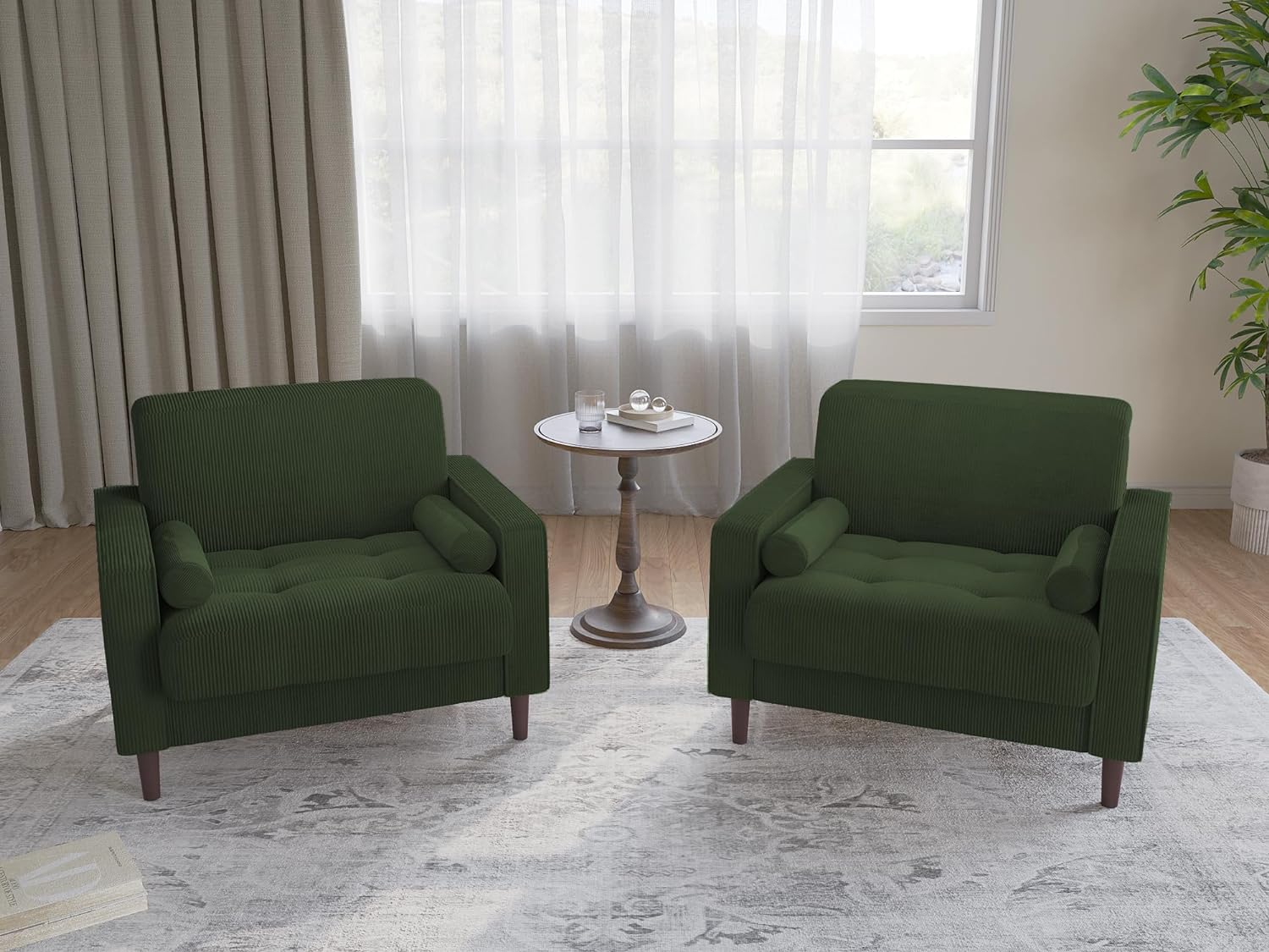 UIXE Corduroy Accent Chairs Set of 2, Modern Upholstered Living Room Arm Chair Comfy Bedroom Reading Armchair with Bolster Pillows, Mid-Century Track Armrest Tufted Single Sofa Seat (Green)