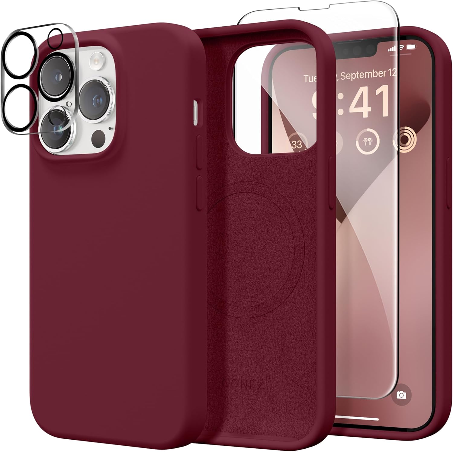 Magnetic for iPhone 13 Pro Case, Compatible with MagSafe, [Screen Protector + Camera Protection], Shockproof Silicone Slim Phone Case 6.1, Soft Anti-Scratch Microfiber Lining,Maroon