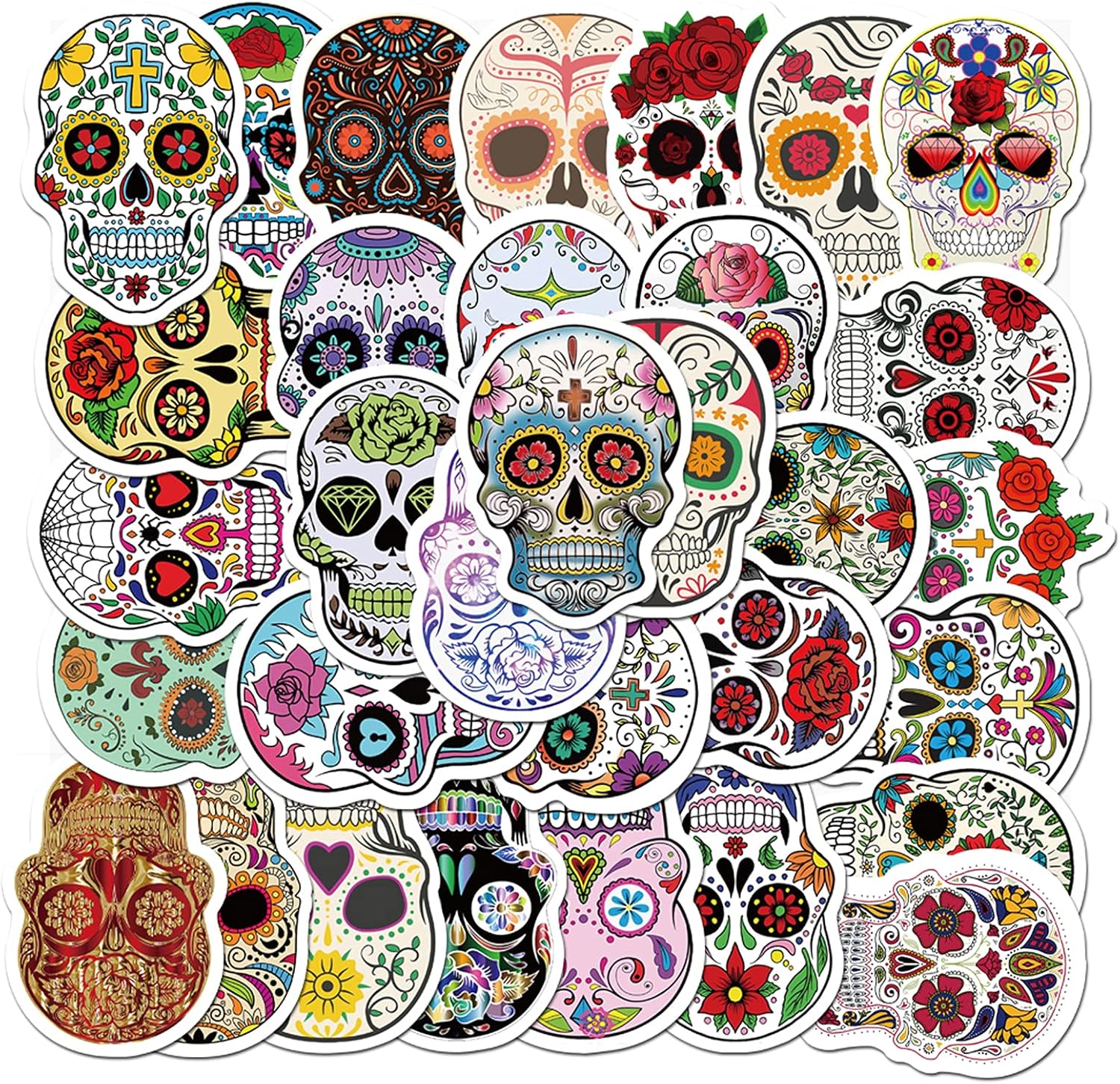 50pcs Halloween Sugar Skull Stickers, Dia de Los Muertos Mexican Day of Dead Stickers Decals, Candy Skull Stickers for Laptop Water Bottle Luggage Bike Computer