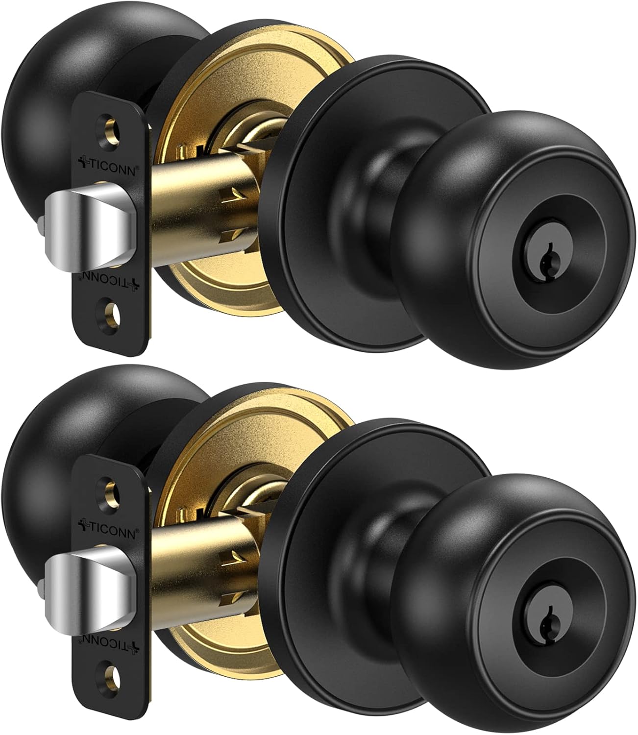 TICONN Round Door Knobs, Ball Door Knob with Dead Bolt, Door Handle Lock for Indoor Doors (2-Pack, Keyed Entry - Not Keyed Alike, Matte Black)