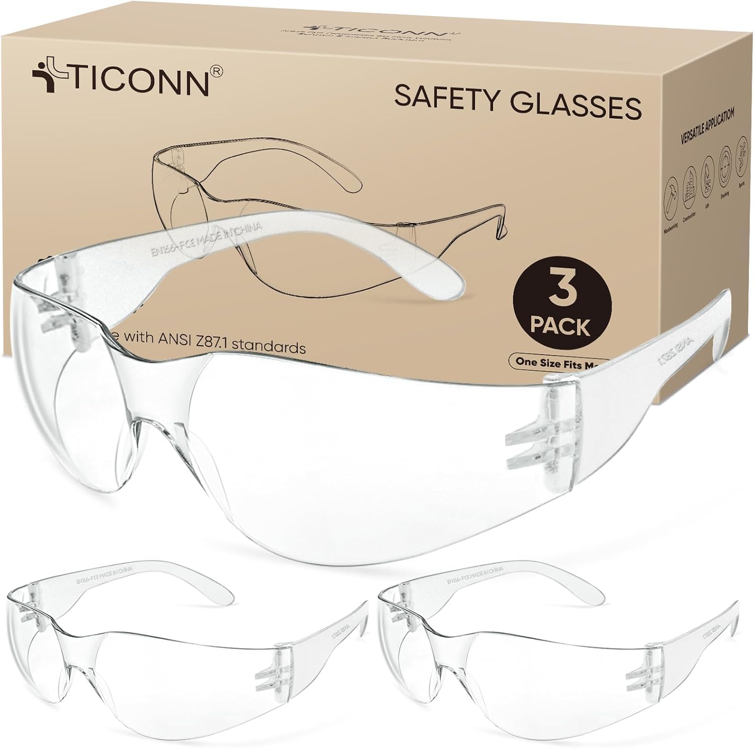 TICONN Clear Safety Glasses for Men, Safety Goggles with Scratch Impact Resistant Meets ANSI Z87.1 Standard