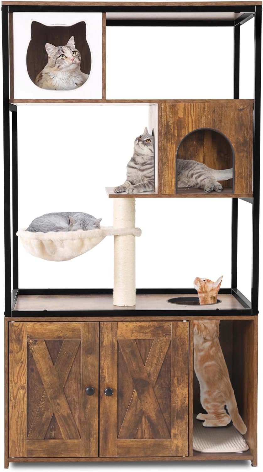 GUTINNEEN Cat Litter Box Enclosure Wooden Cat Washroom Furniture with Multiple Platforms Litter Box Furniture Hidden with Sisal Scratching Post and Soft Plush Hammock Indoor Cat House