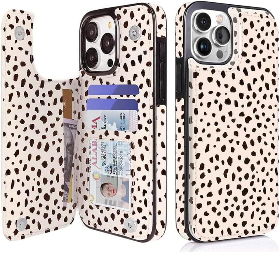 uCOLOR Compatible with iPhone 15 Pro Max 6.7 Wallet Case with Card Holder Slot Folio Flip Leather Kickstand Magnetic Clasp and RFID Blocking Design Cover 15PM 6.7 Inch (Almond Latte Polka Dot)