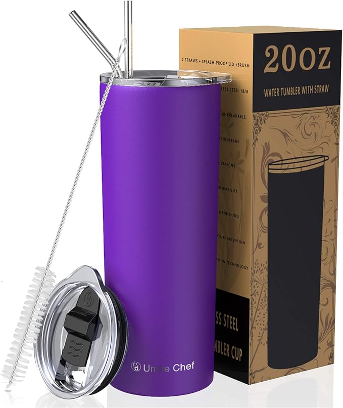 Umite Chef Straw Tumbler Skinny Travel Tumbler with Lid, Vacuum Insulated 20oz Coffee Mug, Double Wall Stainless Coffee Cup for Travel, Indoor and OutdoorPurple