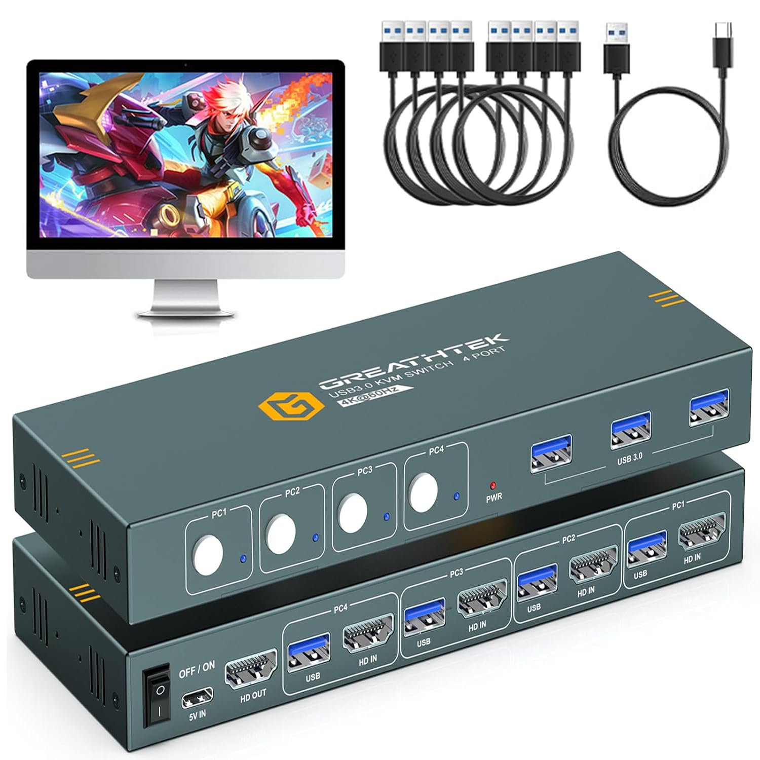 USB3.0 KVM Switch 4 Computers 1 Monitors,4K@60HZ 4 Port HDMI KVM Switches with 3 USB3.0 Ports to Share Keyboard Mouse Printer,4 in 1 Out Monitor Switch