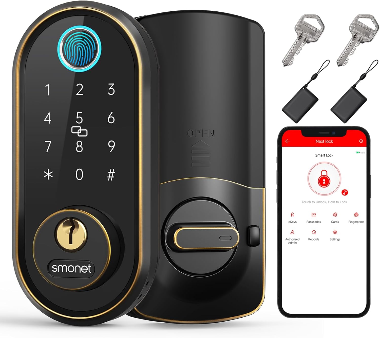 Smart Keyless Entry Door Lock - Fingerprint Electronic Deadbolt Touchscreen Keypad SMONET Biometric Digital Bluetooth Door Lock Smart Deadbolt Work with Alexa for Homes and Hotel