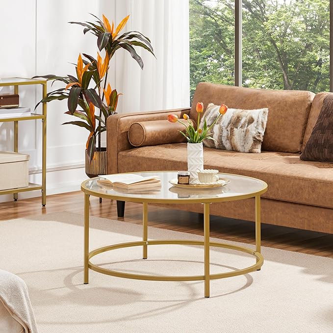 Yaheetech Gold Glass Coffee Table for Living Room, 36 Round Glass Coffee Table with Metal Frame, Modern Circle Coffee Table for Home, Office, Apartment